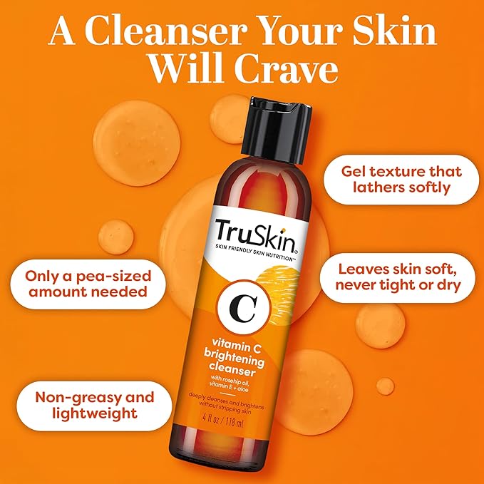 TruSkin Vitamin C Face Wash Cleanser - Brightening Facial Cleanser with Vitamins C & E, Rosehip Oil, Aloe Vera & MSM - Gently Cleanses, Refreshes & Supports Radiant Skin - 4 fl oz