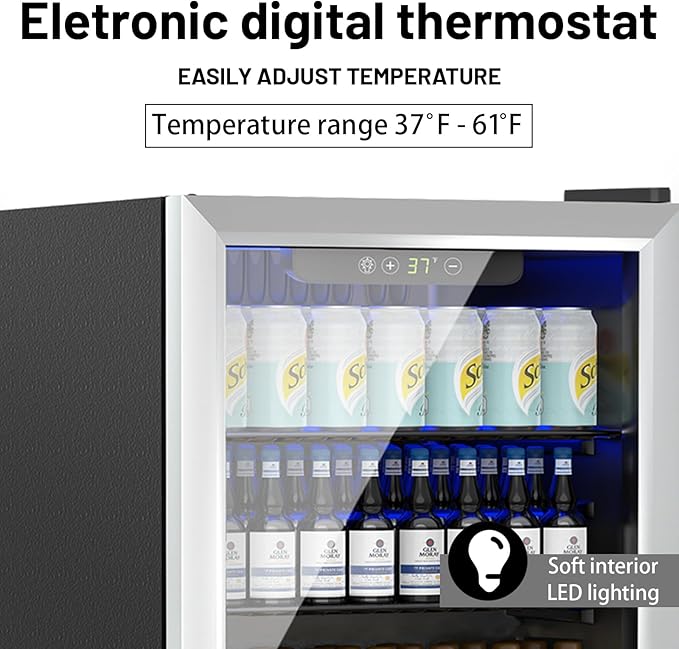 Stopasd Beverage Refrigerator Cooler, 1.6 Cu.Ft/70 Can Drink Fridge with Adjustable Shelves for Soda Wine Beer, Quiet Undercounter Small Fridge for Home/Office/Bar/Garage(37-61 ℉), Sliver