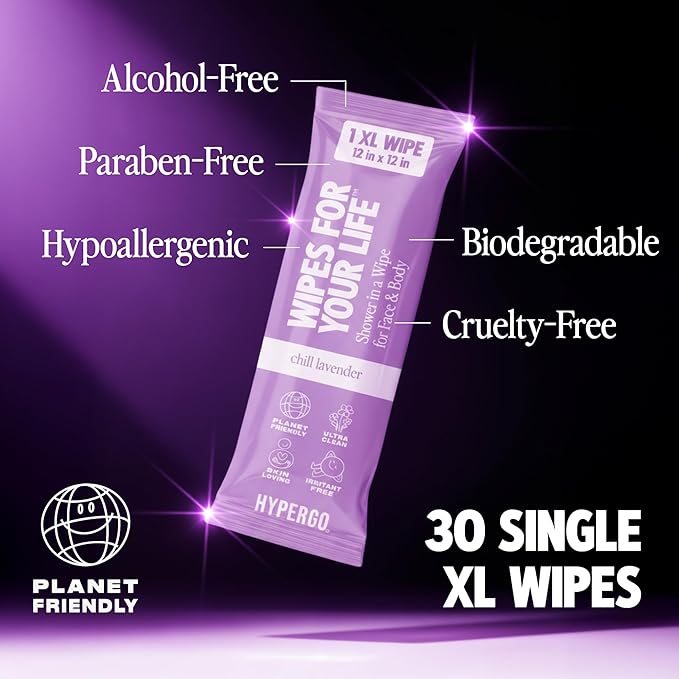 HyperGo XL Single Body Wipes for Women & Men – 12" x12" Rinse-Free Full Body Cleansing 30 Count Pack - Lavender | Biodegradable, Hypoallergenic, Aloe-Infused | Gym, Festival, Camping Essentials