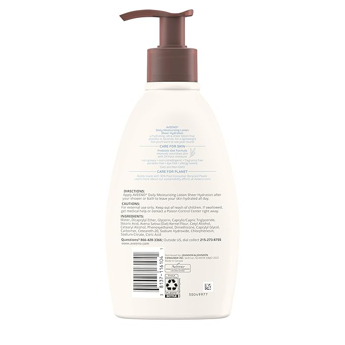 Aveeno Sheer Hydration Fragrance-Free Daily Moisturizing Lotion + Prebiotic Oat for Dry Skin, Lightweight, Fast-Absorbing Body Moisturizer Nourishes Skin with 48-hour Moisture, 12 fl. oz