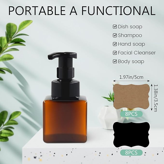 8.5 oz Foaming Soap Dispenser Plastic Foaming Pump Bottle, Refillable Dispenser with Plastic Pump, Empty Hand Bottles for Liquid Soap, Shampoo, Bathroom,Hotel,Restaurant (15, Brown)