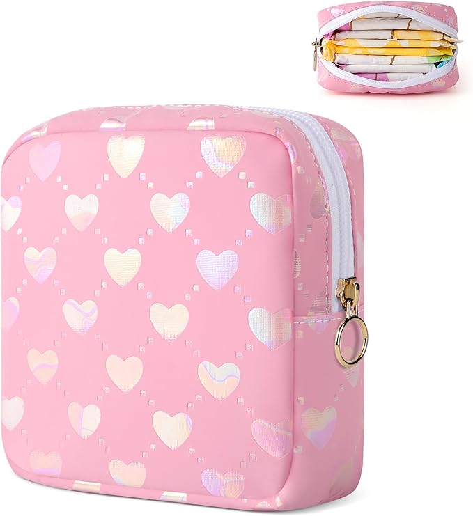 Period Bag Pouch, Leather Sanitary Napkin Storage Bag for Girls Womens, Portable Sanitary Napkin Period Pad Pouch Bag for Purse, Small Make Up Bags(Pink LOVE)