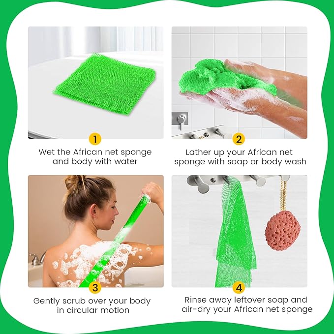 African Net Sponge, Authentic Exfoliating Body Scrubber for Bath and Shower, Multiple Textures with Gentle Deep Exfoliating and Rich Lather for All Skins (Green)