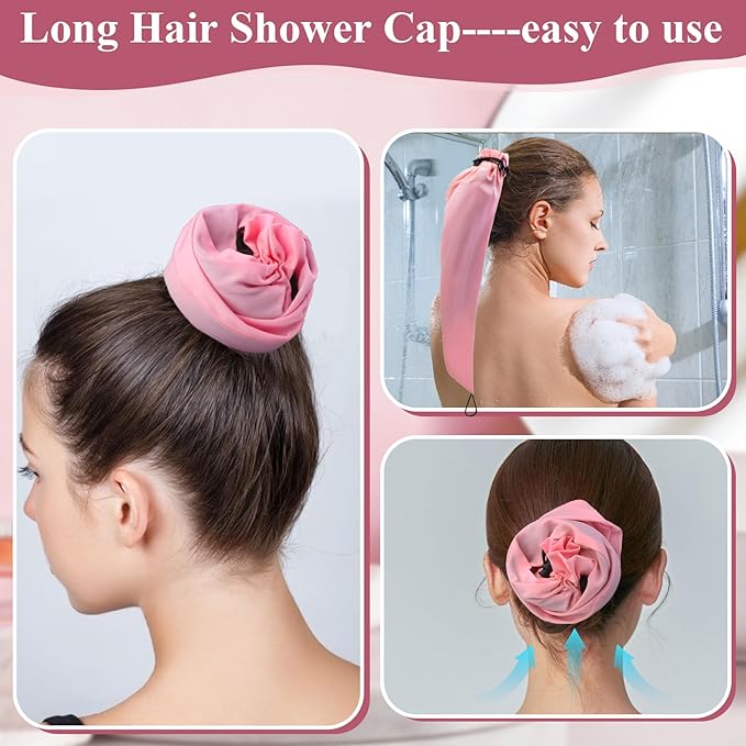 2PCS Crown Washing Shower Cap Waterproof Hair Sleeve for Long Hair, Reusable & Adjustable Wash Cap for Quick Root Refresh, Protect Styled Hair Locs Braids for Shower Gym Travel Beach(Black+Pink)