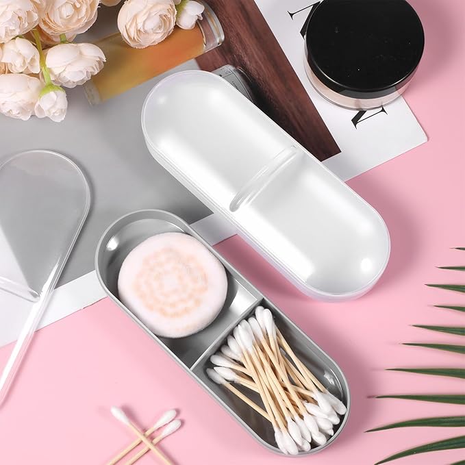 2 Pcs Travel Qtips Case with Dustproof Lid Portable Small Dental Floss Holder Cotton Pad Holder Clear Plastic Cotton Swab Makeup Pads Storage