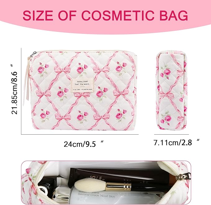 Floral Makeup Bag, Small Cosmetic Bag for Women Girls, Cute Cotton Makeup Bag, Quilted Makeup Bags, Flower Travel Toiletry Organizer Bag(Pink bow ties)