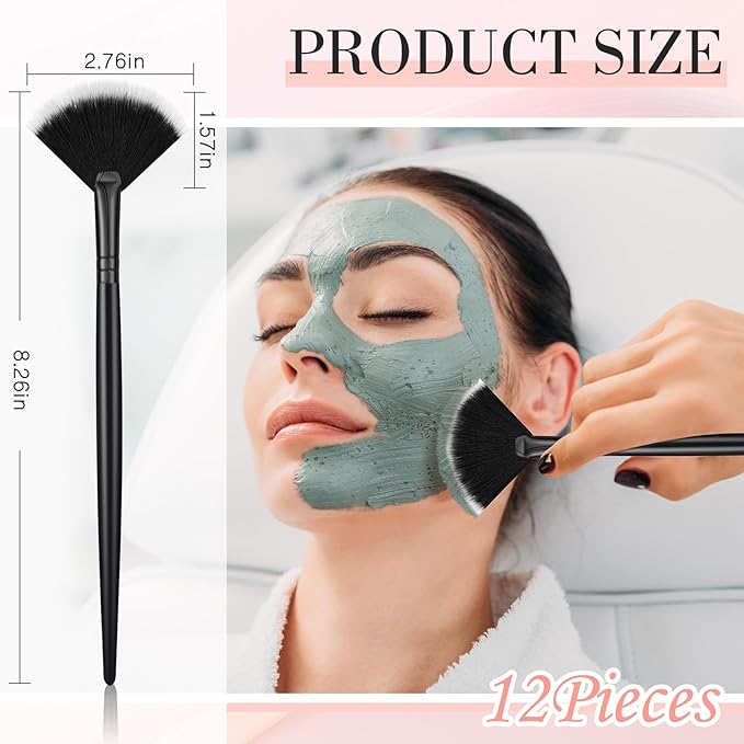 12 Pcs Soft Facial Fan Brush Blush Makeup Brush Face Mask Acid Applicator Multi Use Cosmetic Tools for Peel Mask Makeup for Mud Cream(Black)