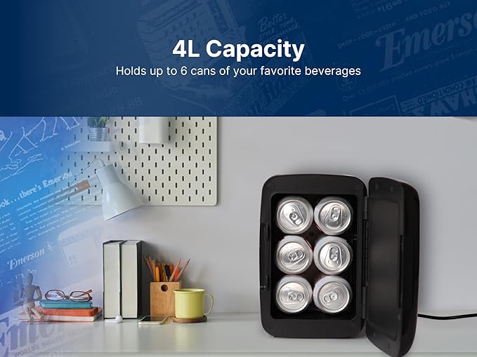 Emerson EFC-5000 Portable Mini Fridge Cooler for 6 Cans, Compact 4L Capacity, Lightweight Design, AC/DC Power Compatibility, and Removable Shelf – Perfect for Home, Office, Dorms, and Travel, Pink