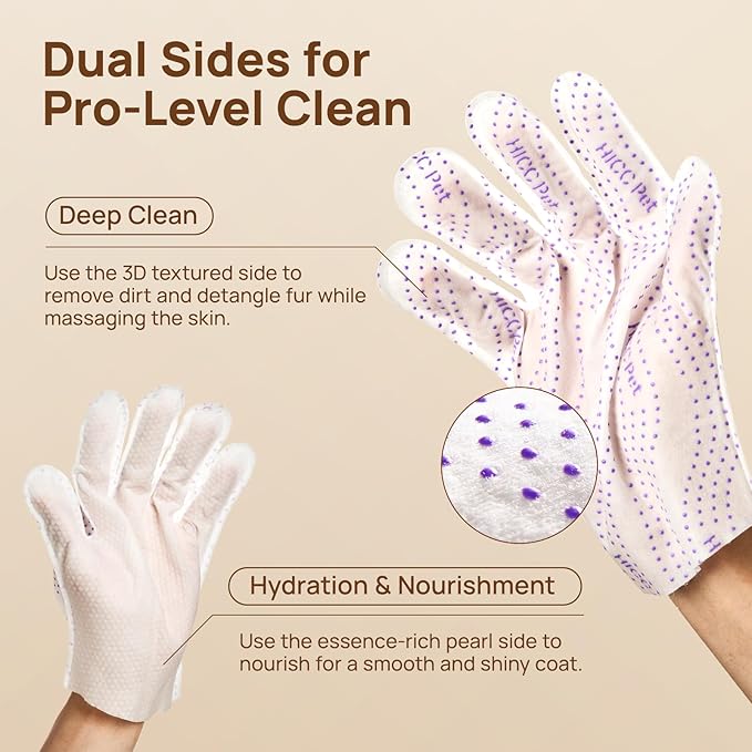 HICC PET Glove Wipes Pro | Pet Grooming Wipes for Dogs & Cats | Rinse-Free Grooming Mittens | 4-in-1 Cleaning & Conditioning | Pet Bathing Wipes for Horse Coat Care, Skin, Coat & Hoof | Unscented