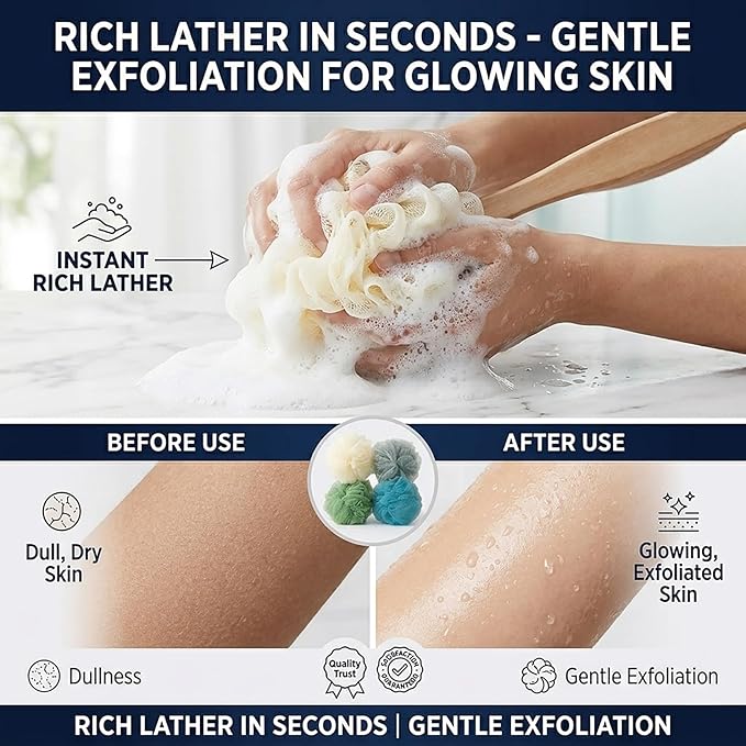 4 Pack Large Bath Puff Loofah Sponge with Long Handle Shower Loofah, Bath Body Back Brush, Spa Brush for Women and Men(4 Color)