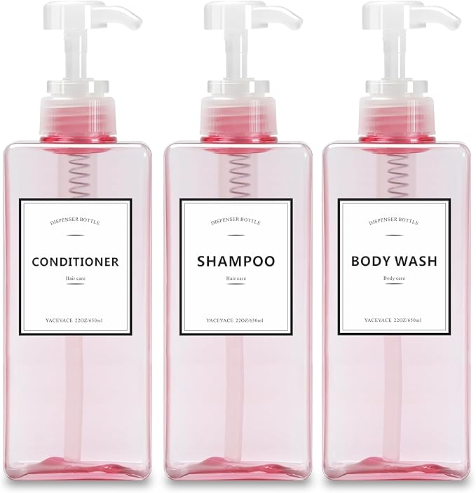 22oz Set of 3 Travel Shampoo and Conditioner Dispenser, Empty Soap Dispenser, Pink Refillable Bottles