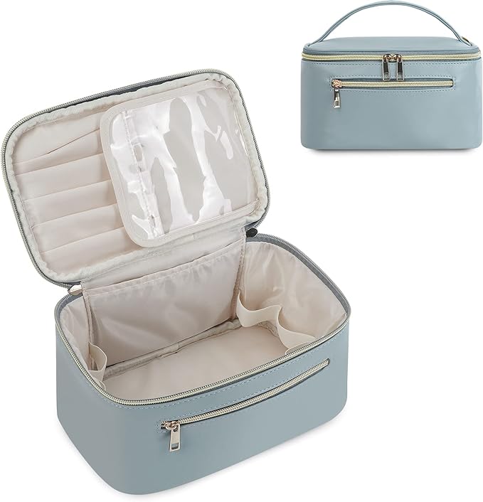 Wandering Nature Makeup Bag, Travel Make Up Organizer Cosmetic Brush Bags Case for Women in Vegan Leather, Grayish Blue, Patent Pending