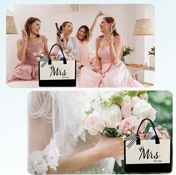 Mrs 2026 Bride Canvas Tote Bag, Gifts for Wedding BridalShower, mrs 2026 bag with Makeup Bag，Bachelorette Party, Bride to be Gifts, Miss to Mrs Bag,Christmas Personalized Bridesmaid Gift