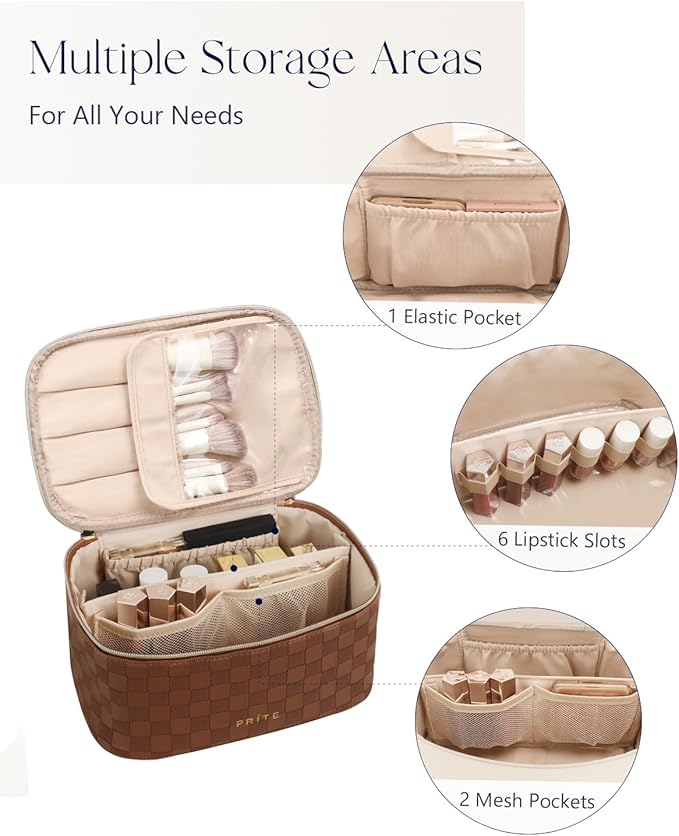 Prite Makeup Bag, Large Capacity Portable Travel Cosmetic Bag, Waterproof Makeup Organizer for Women with Handle and Divider (001 Checkered Brown)