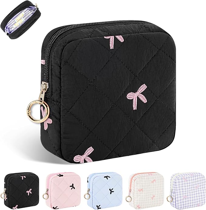 Period Bag for Teen Girls, Quilted Sanitary Napkin Storage Bag, Cute Bow Tie Menstrual Pad Pouch Tampon Holder (Black)