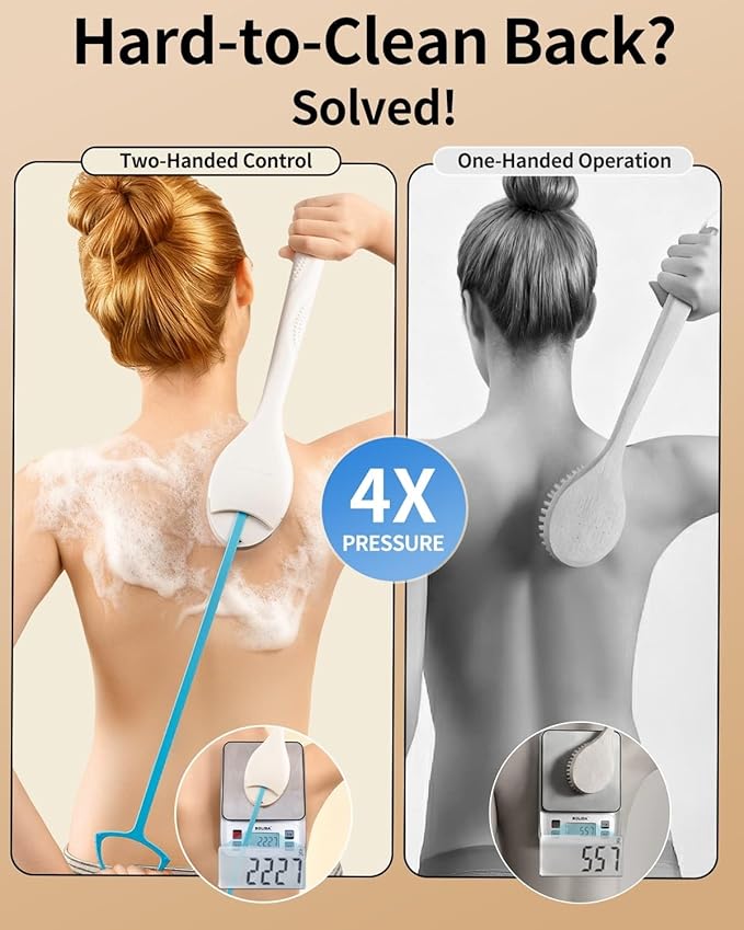 BUBBLEDANCE® Back Scrubber for Shower with Extendable Long Handle (17.5-31.9"), 1.3X Larger Natural Stiff Bristles, Anti-Slip Shower Brush for Deep Exfoliating, Bath & Dry Brushing
