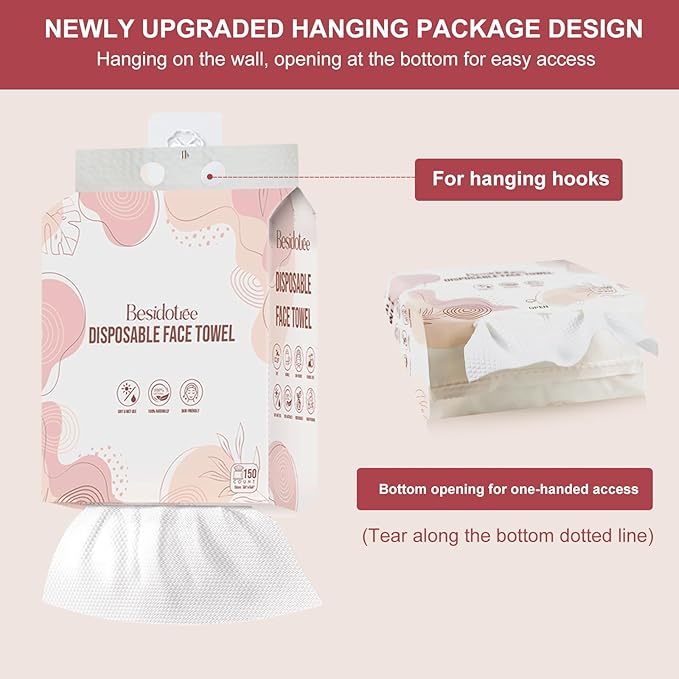 Disposable Towels for Face Hang Over the Door or on Wall, 300 ct, 2 Pack, Thick and Durable Facial Towels for Skin Care, Makeup Removal, Multi-Purpose Use on Sink, Bathroom Counter, Toilet, etc