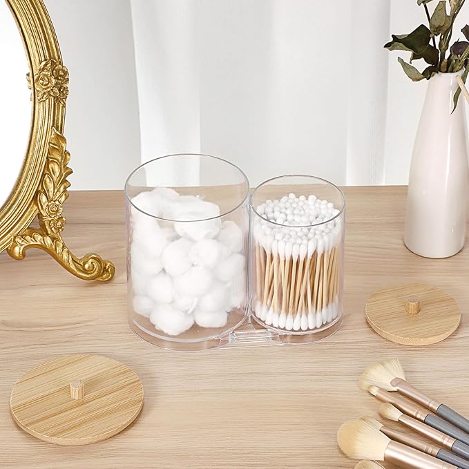 Hipiwe Acrylic Cotton Swab Holder Clear Qtip Dispenser with lid 2 Compartment Bathroom Accessories Storage Canister for Cotton Ball Vanity Makeup Organizer