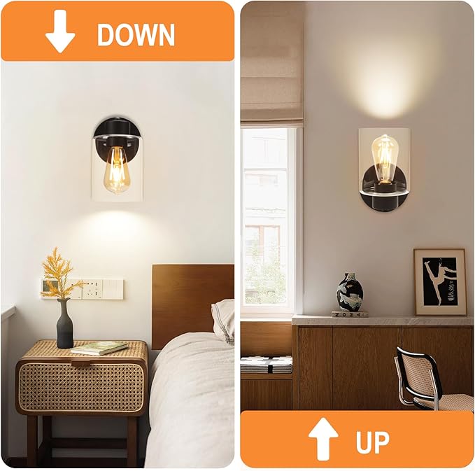 Kalium Wall Sconces, Matte Black Vanity Light Fixtures, Indoor Wall Lights with Clear Glass Shade, Hardwired Farmhouse Wall Lamp for Bedroom Living Room Bathroom (E26 Base 1pcs)