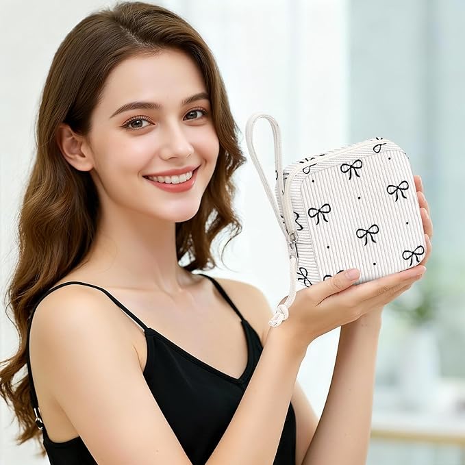 Small Makeup Bag | Discreet Period Bag Pad Pouch for Purse| Sanitary Napkin Storage & Tampon Holder for Travel (Cute black bow)