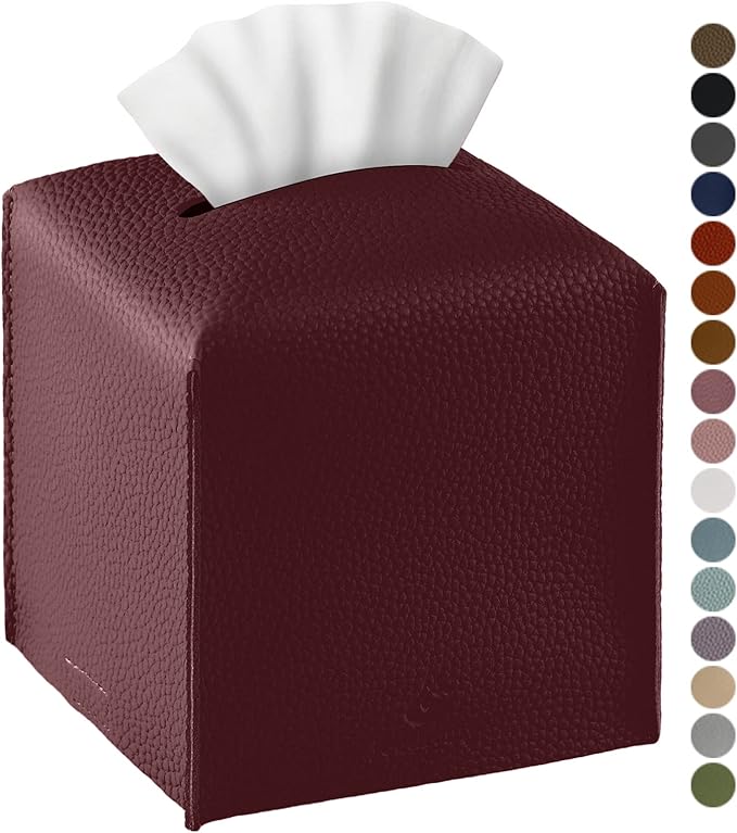 Tissue Box Cover, Jeethemy Square PU Leather Tissue Box Holder, Modern Tissue Case Facial Paper Organizer Dispenser，5X5X5'',Single Wine