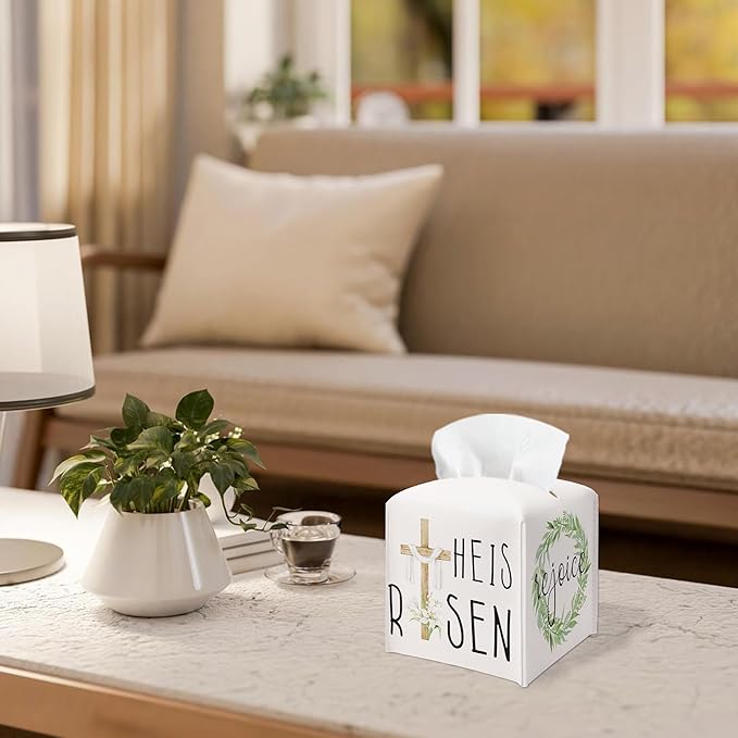 Botanical & Cross Design Tissue Box Cover - He Is Risen & Rejoice PU Leather Waterproof Tissue Holder - Easter Facial Paper Organizer for Home Bathroom Office -Desk Easter Decorative Dispenser Box-B06