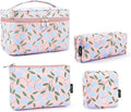 MAANGE 4PCS Makeup Bag for Women, Cosmetic Bag Set, Portable Large Travel Makeup Bag, Bolsa de Maquillaje, Impermeable Oxford Cloth Make Up Organizer with Gold Zipper(Pink Plants)