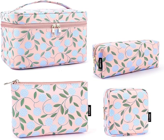 MAANGE 4PCS Makeup Bag for Women, Cosmetic Bag Set, Portable Large Travel Makeup Bag, Bolsa de Maquillaje, Impermeable Oxford Cloth Make Up Organizer with Gold Zipper(Pink Plants)
