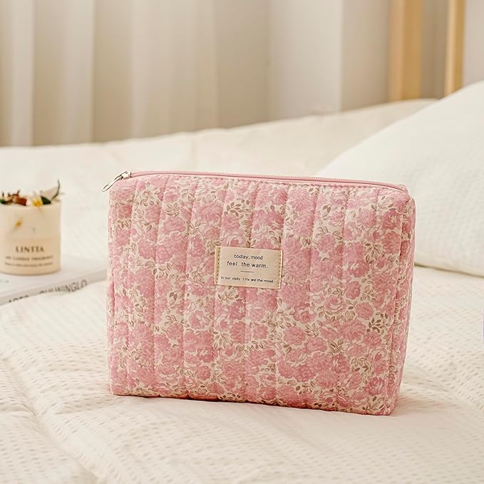 uekeboag Quilted Cotton Makeup Bag,Coquette Quilted Toiletry Bag for Women and Girls,Floral Coquette Pouch,Cute Kawaii Travel Cosmetic Bags(Watercolour Pink Flower)