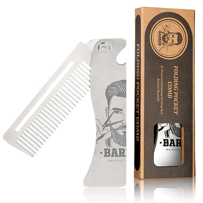 Metal Hair & Beard & Mustache Comb, Multifunctional Folding EDC Pocket Comb With Bottle Opener - Anti-Static for Travel and Everyday Grooming Styling - Silver