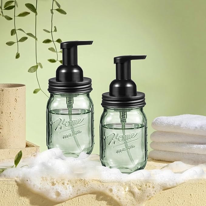 SheeChung 16 Oz Mason Jar Foaming Soap Dispenser, Stainless Steel Lid, BPA Free Pump, Green Glass Foam Hand Soap Dispenser, Refillable Liquid Foam Dispenser Bottle for Bathroom Kitchen-Black, 2 Pack