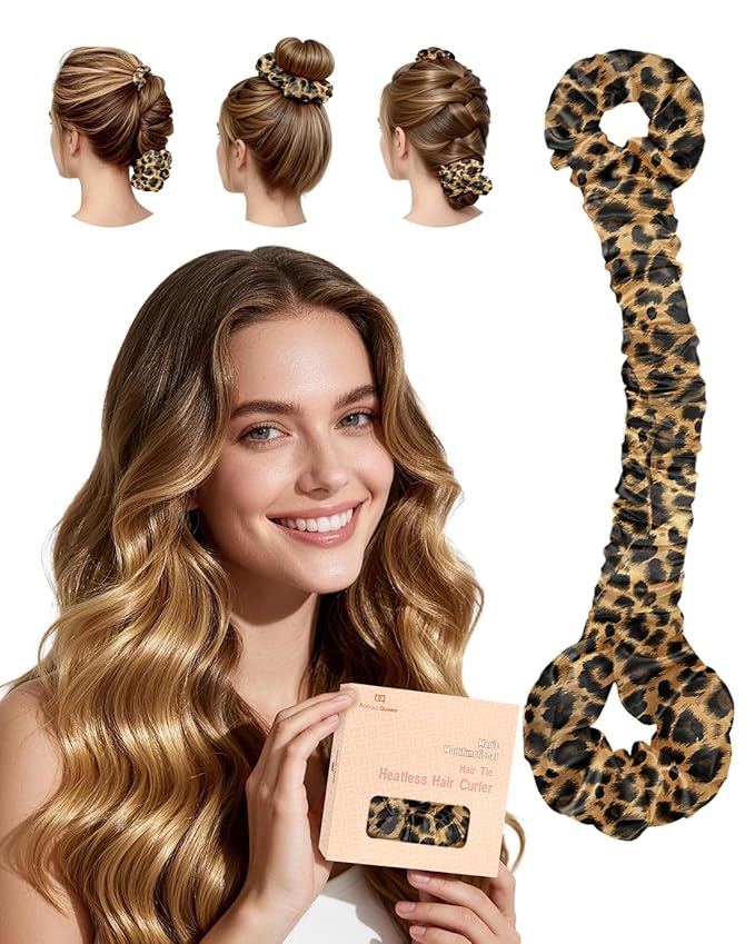 BONNET QUEEN Satin Heatless Hair Curler, Overnight Curls for Long Hair, ultra soft Heatless Curling Rod & 2 Scrunchies,Damage-Free Styling, Soft Hair Curlers for Overnight Use(Leopard)