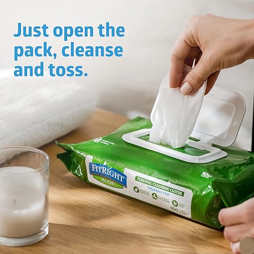 FitRight Aloe Fragrance-Free Quilted Wet Wipes, Soft Pack with Flip Top, 8 x 12 Inches, Pack of 48 Wipes