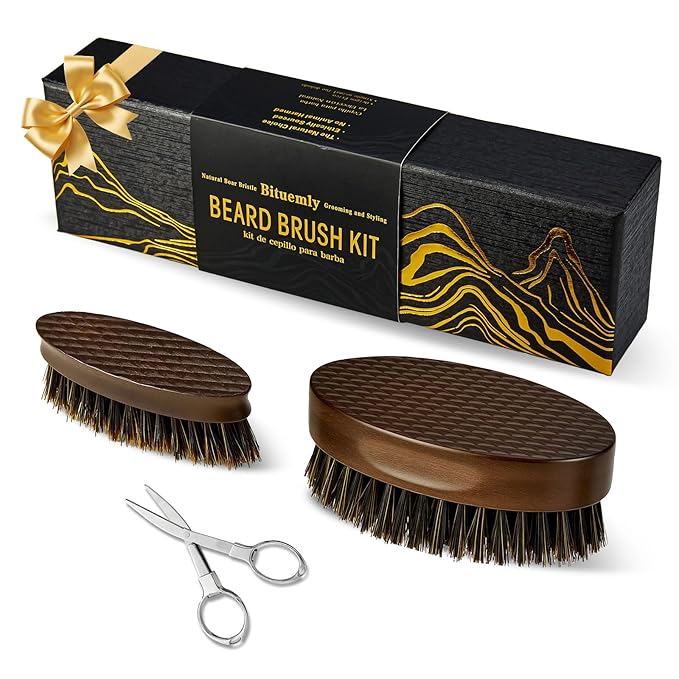 Beard Brush for Men, Travel Pocket Mustache Brushes Grooming Kit with Natural Boar Bristle and Sapele Wood, Folding Scissors & Pouch, Facial Hair Brush Detangles & Shine, Stocking Stuffers