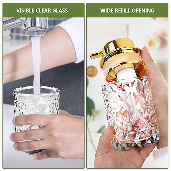 Glass Foaming Soap Dispenser 2 Pack Refillable Foaming Hand Soap Dispenser with Gold Large Pump Wide Opening for Bathroom Kitchen Countertop Modern Home Decor with Elegant Pattern, Transparent