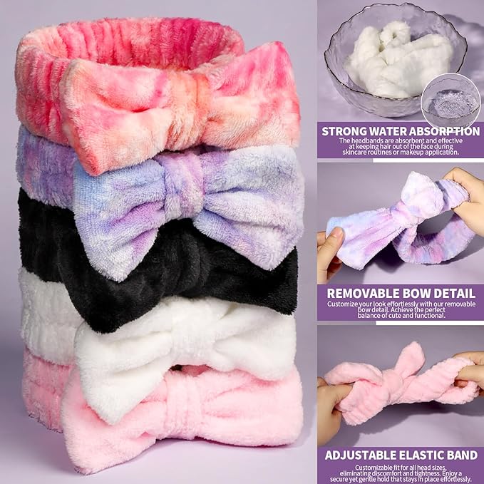 Teenitor Spa headband, Makeup Headband Set, Soft Fuzzy Bow Hair Bands for Washing Face, Facial Skincare Headbands for Teen Girls, Hair Bands for Women