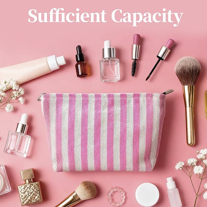 Pink Striped Canvas Makeup Bag, Lightweight Cosmetic Pouch with Large Zipper Pull & Cotton Blend Lining, Travel Toiletry Organizer for Women & Gifts, Skincare Bag Hygiene Pouch Sunscreen Bag