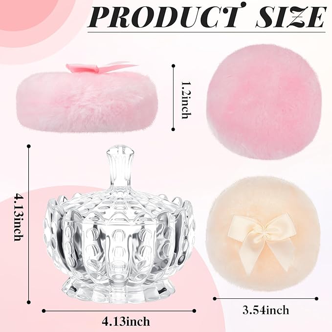 Tioncy 3 Pcs Large Body Powder Puff and Container Valentine's Day gift Powder Container with Puff Crystal Case Soft Washable Reusable Velour Face Body Glitter Wet Dry Makeup(Scalloped,Transparent)
