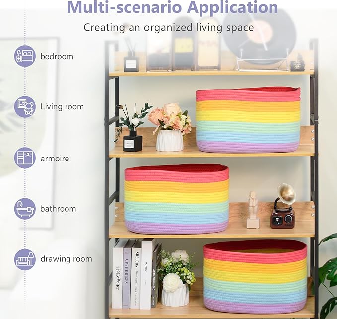Cotton Rope Storage Basket, 15x10x9 Inches, Woven Basket for Shelves, Clothes, Towels, Books, and Laundry, Rainbow (1 Pack)