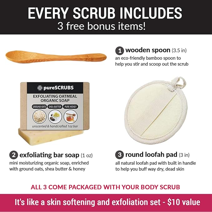 pureSCRUBS Premium Coconut Body Scrub Set - Large 16oz Dead Sea Salt Body Scrub With Infused Essential Oils & Nutrients, Includes Wooden Spoon, Loofah & Oatmeal Exfoliating Bar Soap