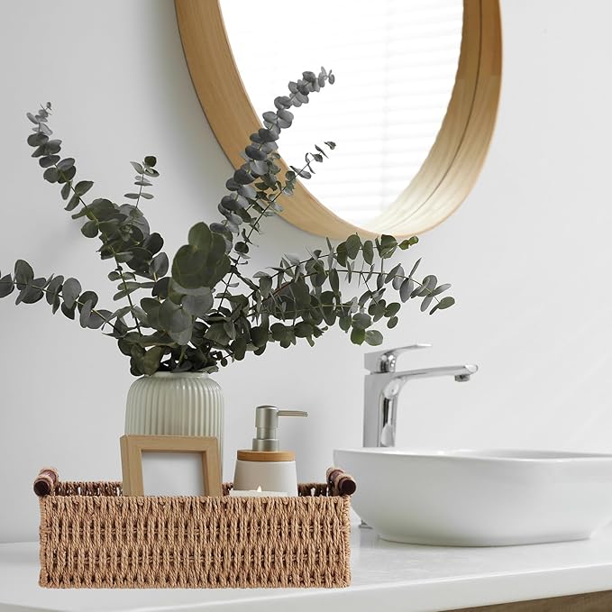 Boao 3 Pcs Boho Storage Wicker Baskets Handmade Woven Decorative Paper Rope Baskets for Organizing with Handle Countertop Toilet Paper Storage Container for Toilet Tank Top(Natural Color,Rectangle)