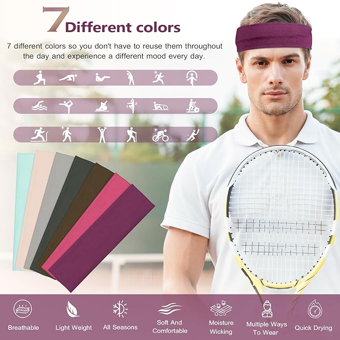 Headbands for Women, Stretchy Non Slip Soft Cotton Cloth Hair Bands for Sports, Workout, Yoga and Running, 7pcs