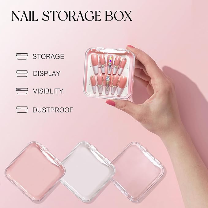 9 Pcs Press On Nail Storage Box in 3 Colors, Acrylic Fake Nail Case with 9 Display Cards and 2 Sheets of Double-Sided Adhesive Tape (20 Strips) for Nail Art Home Salon Packaging Use