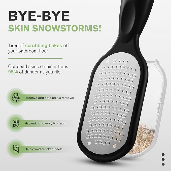 FERYES Foot File Callus Remover with Dead Skin Catcher – The Genius Foot Scrubber for Mess-Free Pedicures, Heel Scraper for Cracked Heel Treatment, Wet & Dry Use Feet Rasp - Black