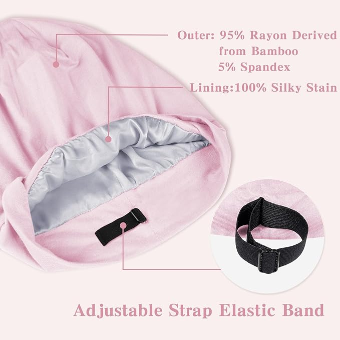 Fittia Satin Hair Bonnet for Sleeping, Silky No Frizzy for Curls Care, Adjustable Strap for Non-Slip, Dreadlocks Cap for Women&Men Pink