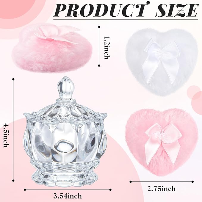 Tioncy 3 Pcs Large Body Powder Puff and Container Valentine's Day gift Powder Container with Puff Crystal Case Soft Washable Reusable Velour Face Body Glitter Wet Dry Makeup(Exquisite,Clear)
