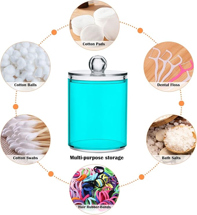 Teal Green Qtip Holder Organizer Dispenser Cotton Swabs Cans Plastic Jars with Lid Set 4 Pack Bathroom Storage Canister for Cotton Ball Floss Cotton Pads