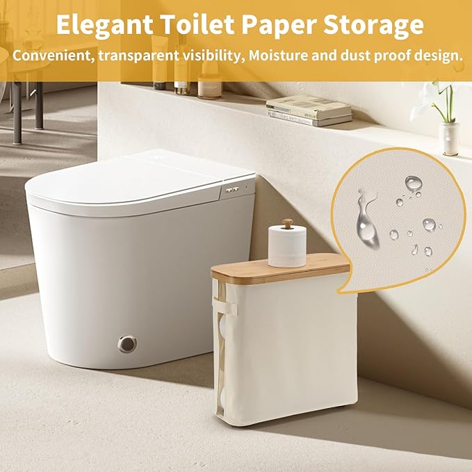 32L Bamboo Toilet Paper Storage Basket with Lid and Handle， Toilet Paper Organizer for Bathroom - Mega Capacity ， Collapsible Bathroom Toilet Paper Holder with Storage, Soft Beige，1 Pack