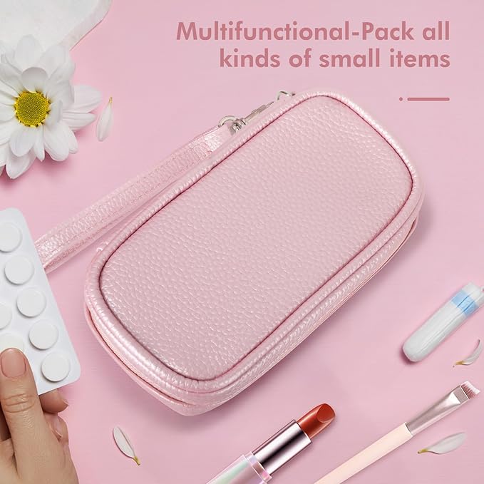 Portable Tampon Organizer, Beige PU Pouch with Handle and Zipper for Women's Period Bags