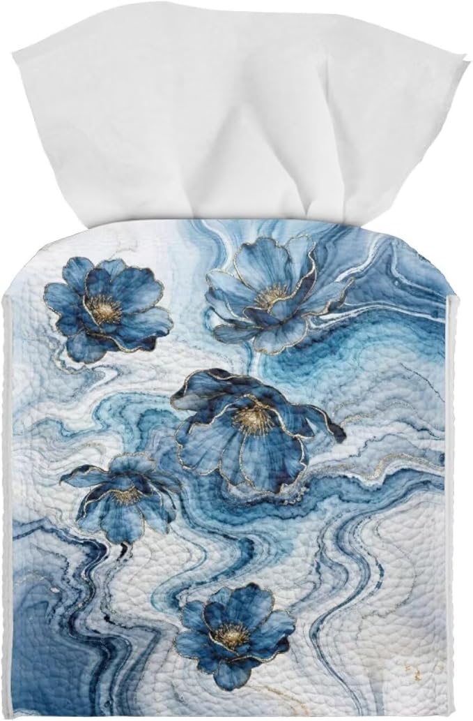 Blue Marble Flower Tissue Box Holder Waterproof PU Leather Square Modern Tissue Box Cover with Metal Button Napkin Holder for Home Office Car